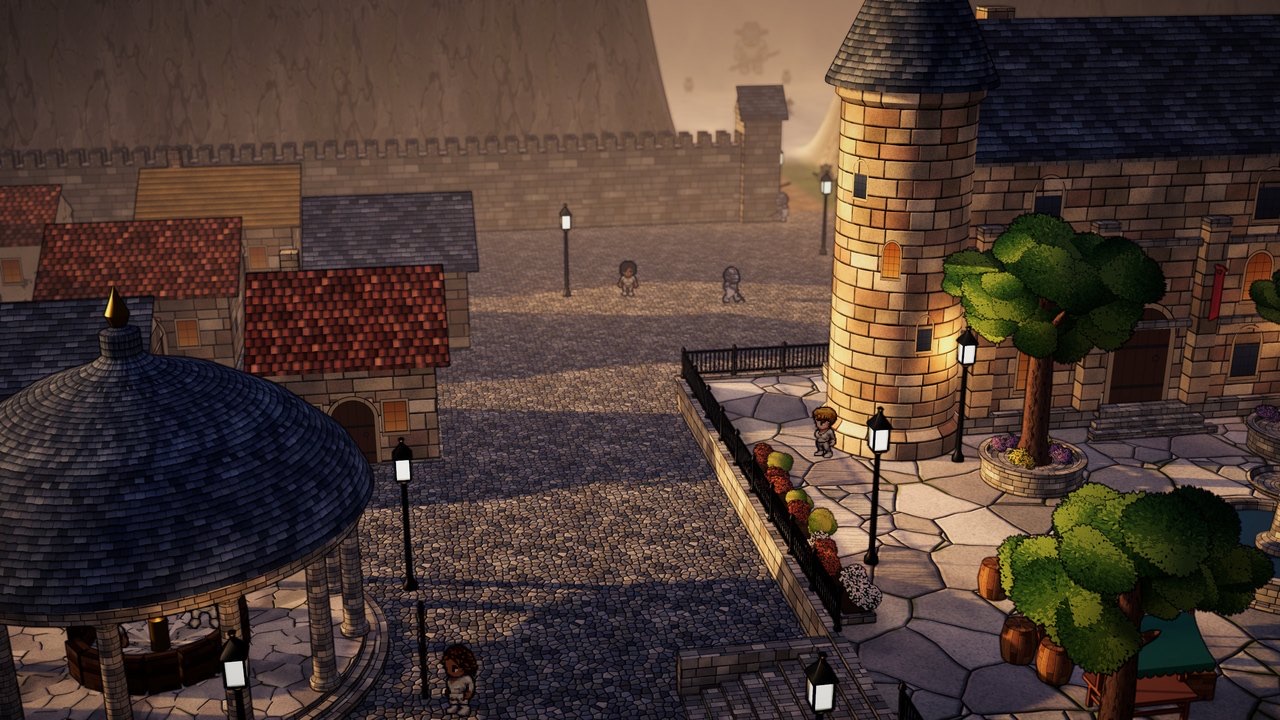 The capital of Star Forest at dusk: a round tower, cobbled streets and lamps.
